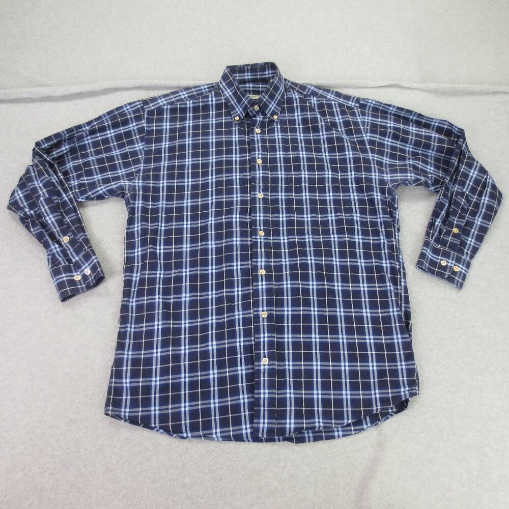 Burberry Button Up Shirt Long Sleeve Mens Medium Blue Plaid Made in USA *